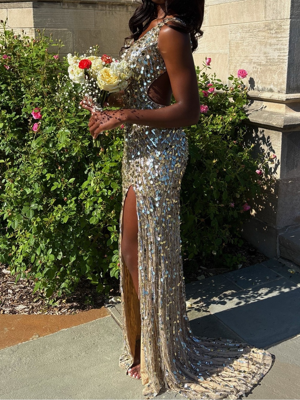 Jovani Gold Sequin Plunging V-Neck Evening Gown with Thigh Slit - Picture 2 of 4